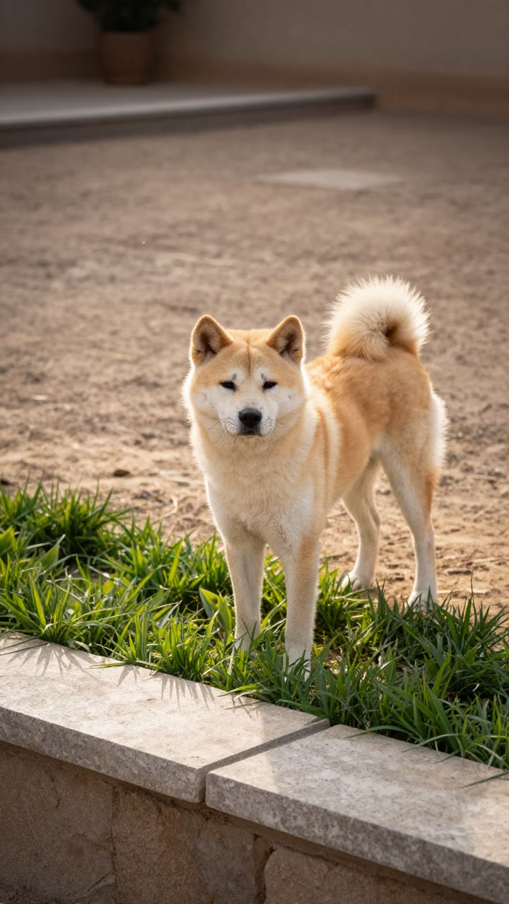 Korean Jindo Dog Standing in Touggourt Yard in in a small yard with clipped grass, calm light, and the animal centered in frame in Touggourt