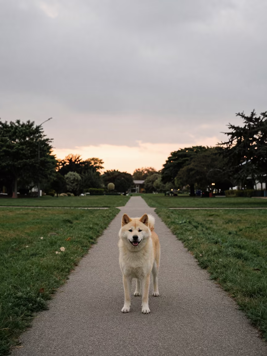 Korean Jindo Dog Sunset Park Path Kampong Cham in in a small yard with clipped grass, calm light, and the animal centered in frame in Kampong Cham