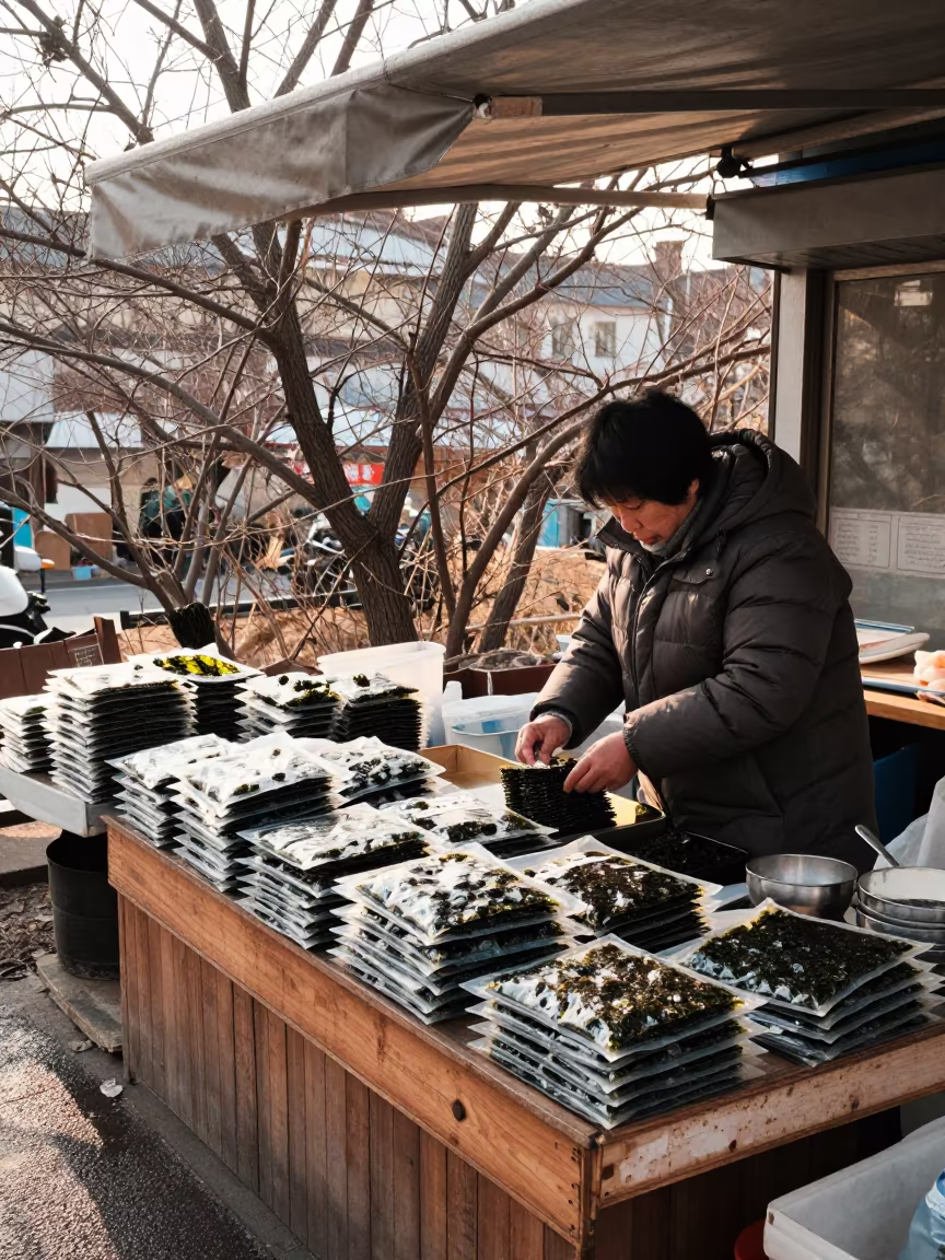 Korean Market Seaweed Vendor in Winter Afternoon in at a spice vendor's table in Hama