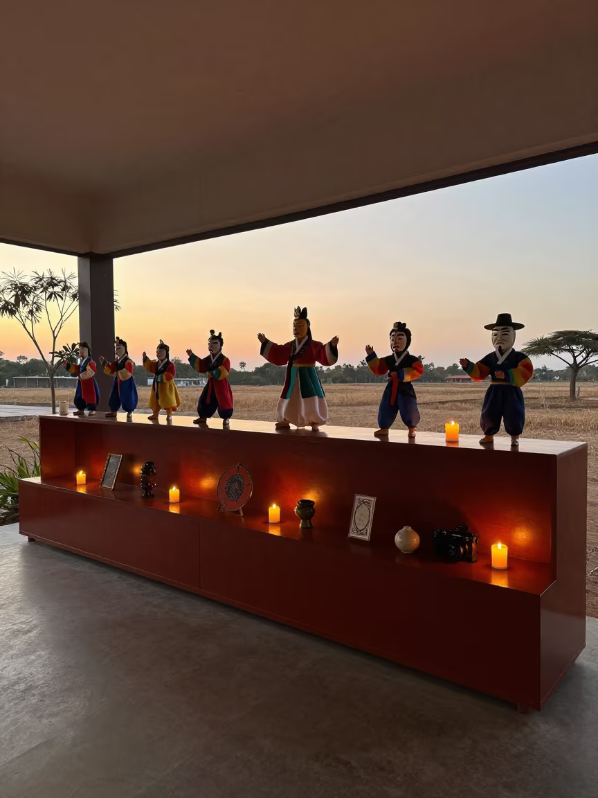 Korean Mask Dance Drama on Iquitos Display Shelf in on a lacquered display shelf in Iquitos