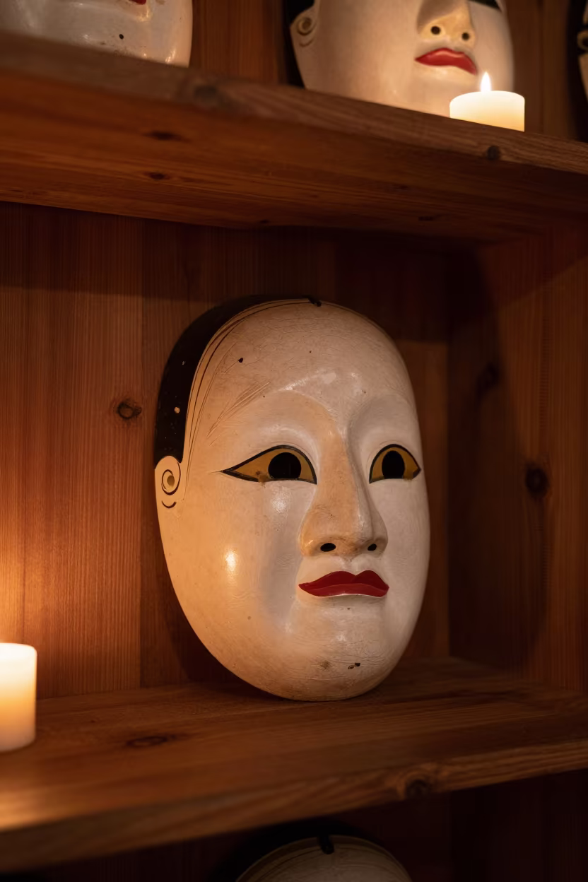 Korean Mask Dance Drama on Shelf in Zarqa in on a lacquered display shelf in Zarqa