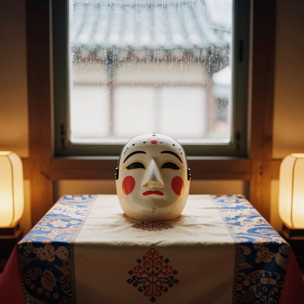 Korean Mask on Textile Table in Evening Light in on a textile-covered table near Taza