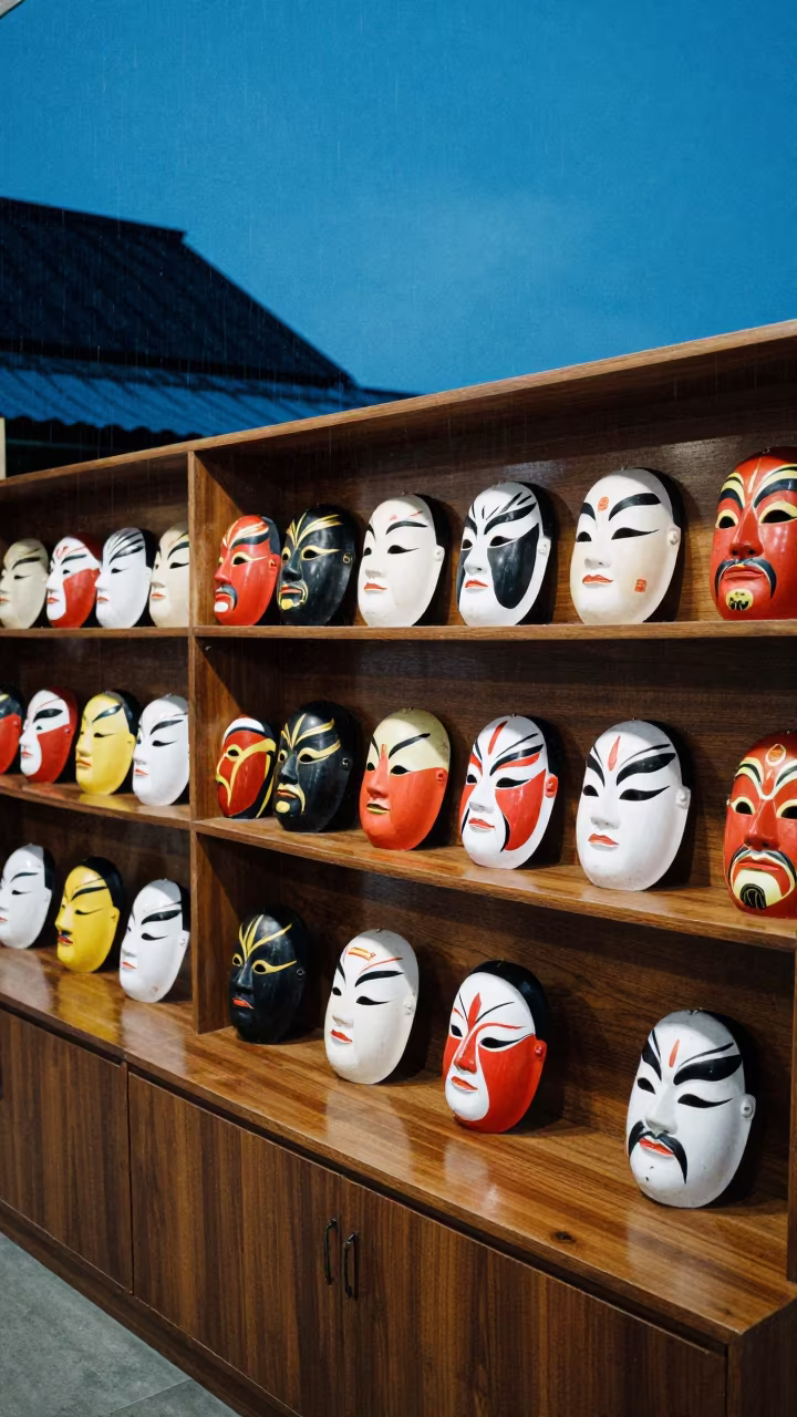 Korean Masks on Lacquered Shelf Twilight Monsoon in on a lacquered display shelf in Myeik