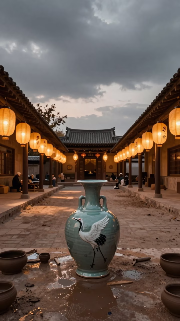 Korean Potter Glazes Crane Vase in Az Zubayr Shrine in in a shrine lined with lanterns in Az Zubayr