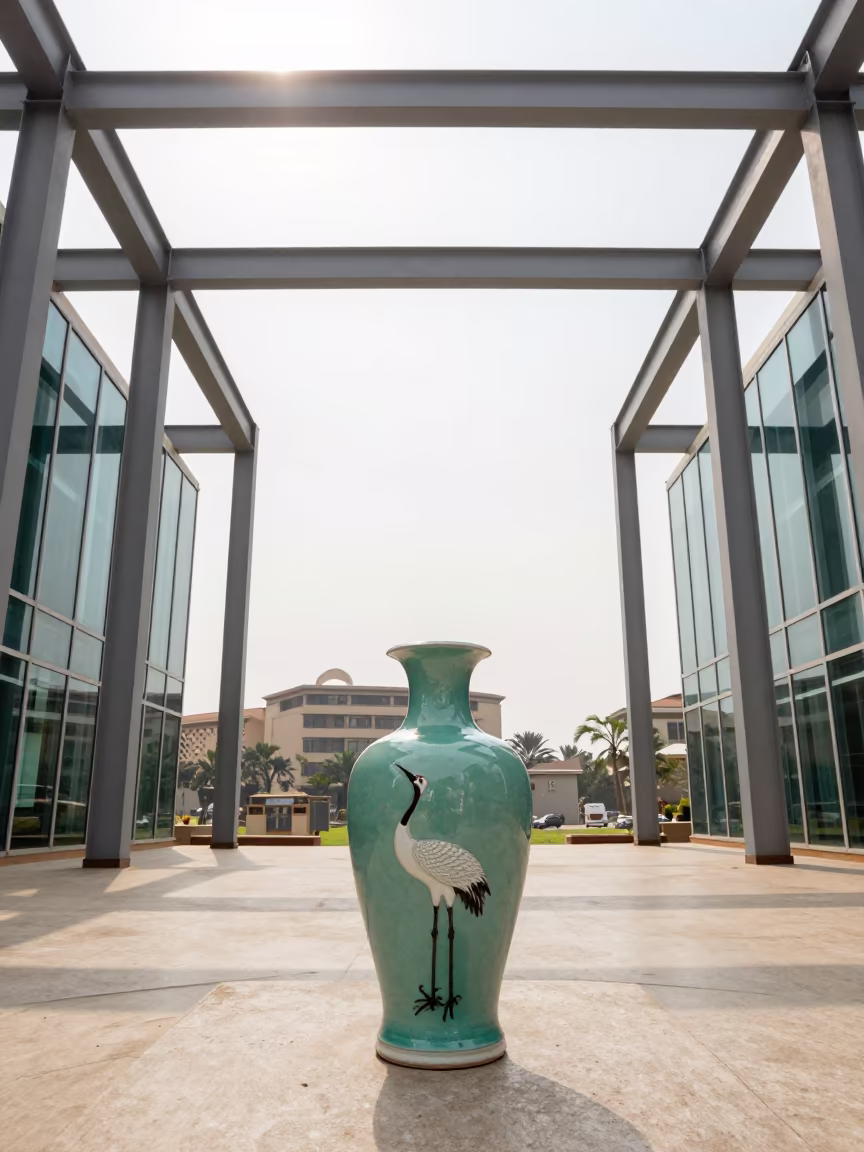 Korean Potter Glazes Crane Vase in Nairobi Hall in in a ceremonial hall in CBD, Nairobi