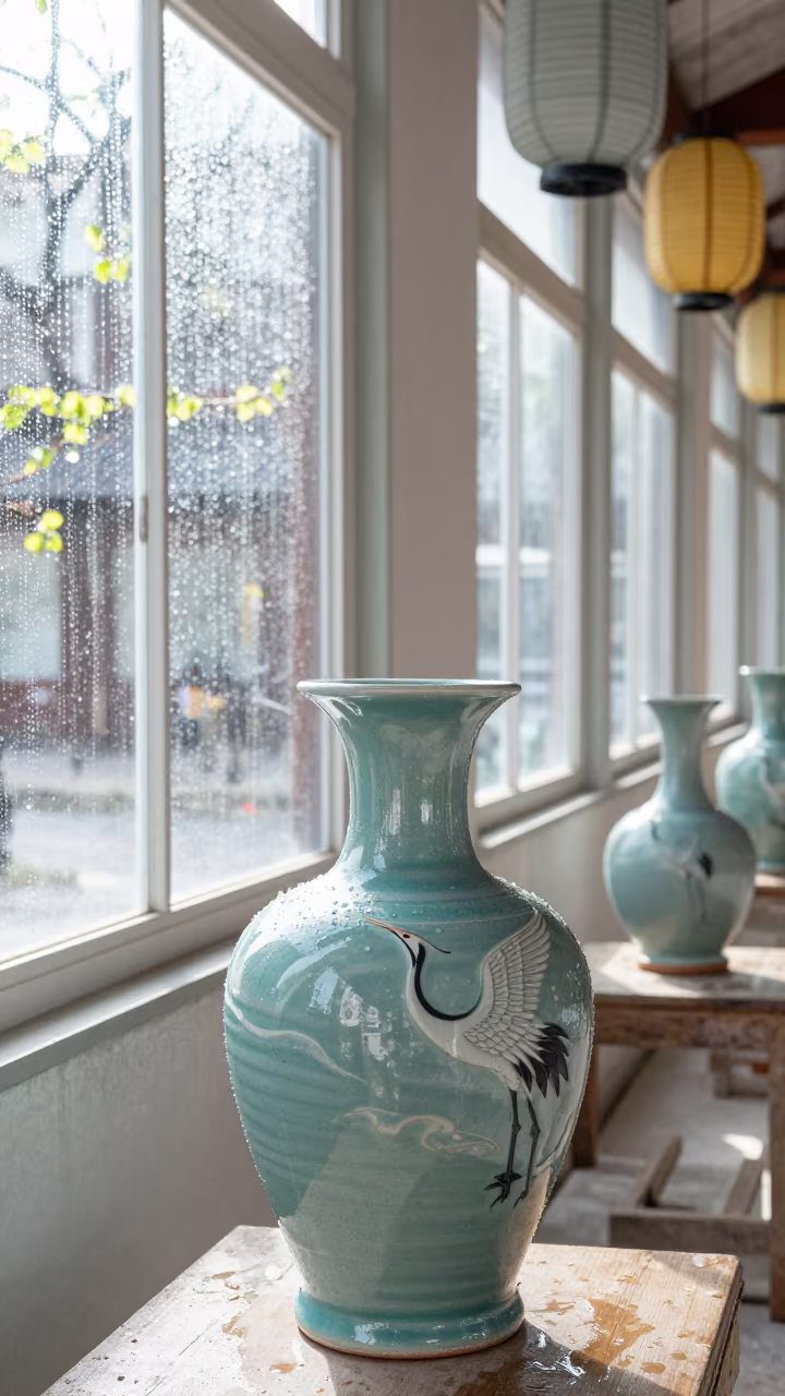 Korean Potter Glazes Crane Vase in Shrine in in a shrine lined with lanterns in Comodoro Rivadavia