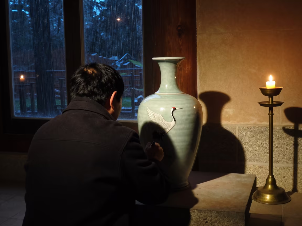 Korean Potter Glazing Crane Vase in Aden Hall in in a ceremonial hall in Aden