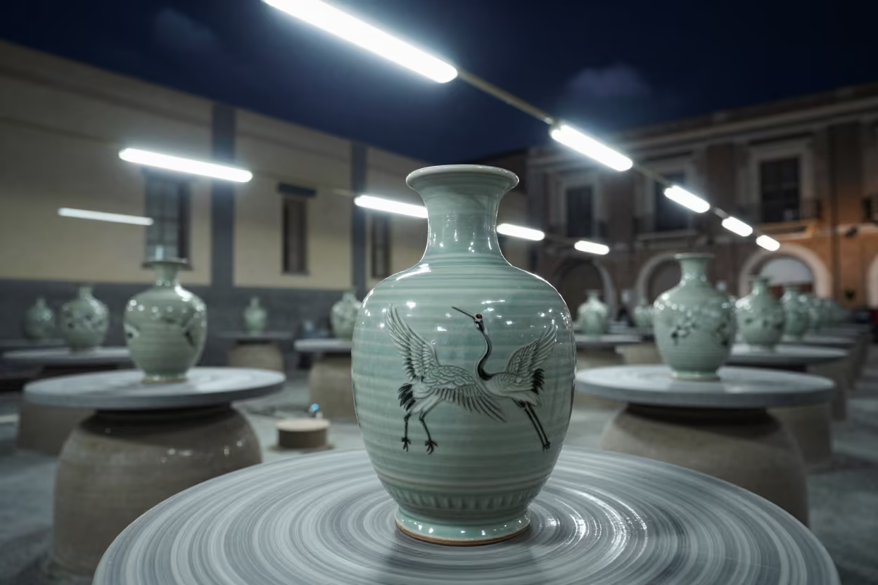 Korean Potter Glazing Crane Vase in Catania Hall in in a ceremonial hall in Catania