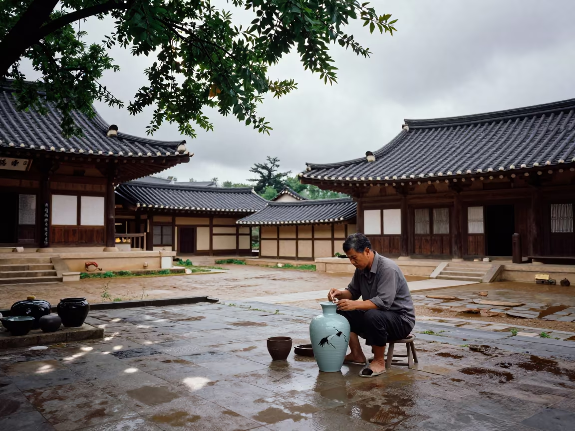 Korean Potter Glazing Crane Vase in Courtyard in in a temple courtyard near Kano