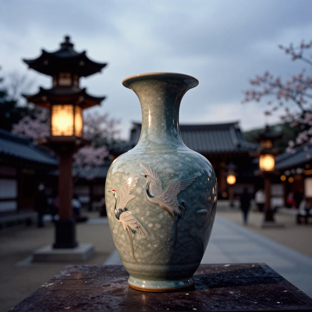 Korean Potter Glazing Crane Vase in Shrine in in a shrine lined with lanterns in Faisalabad