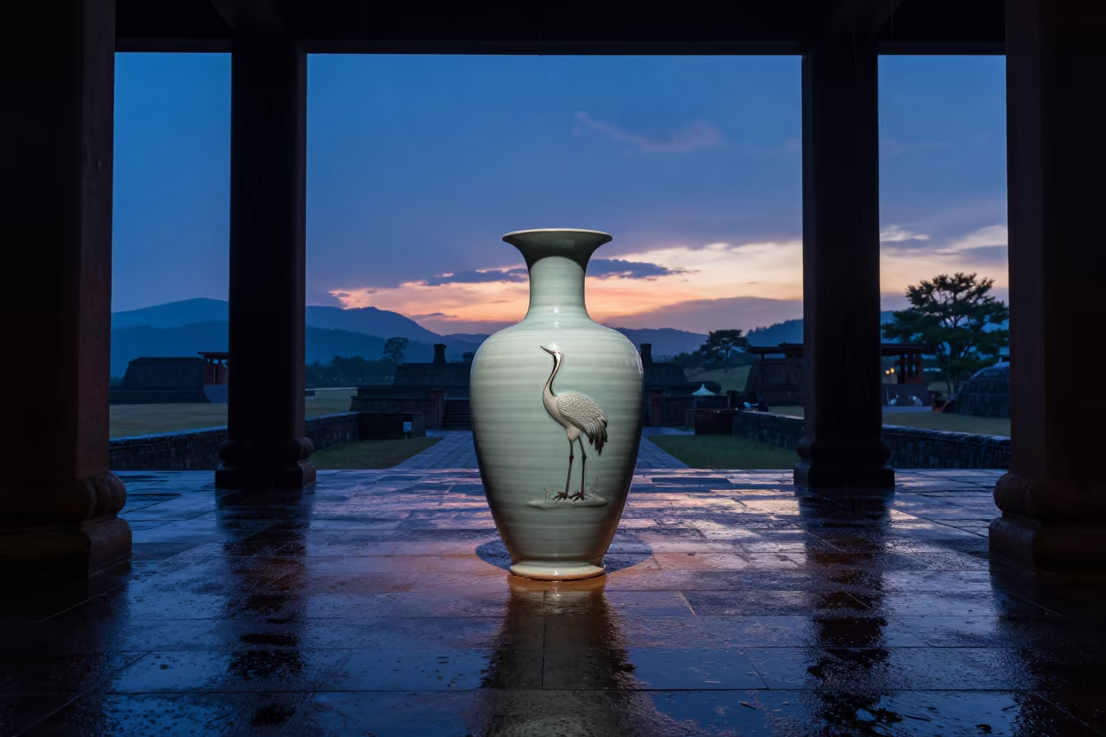 Korean Potter Glazing Crane Vase in Twilight Hall in in a prayer hall near Valle de la Pascua