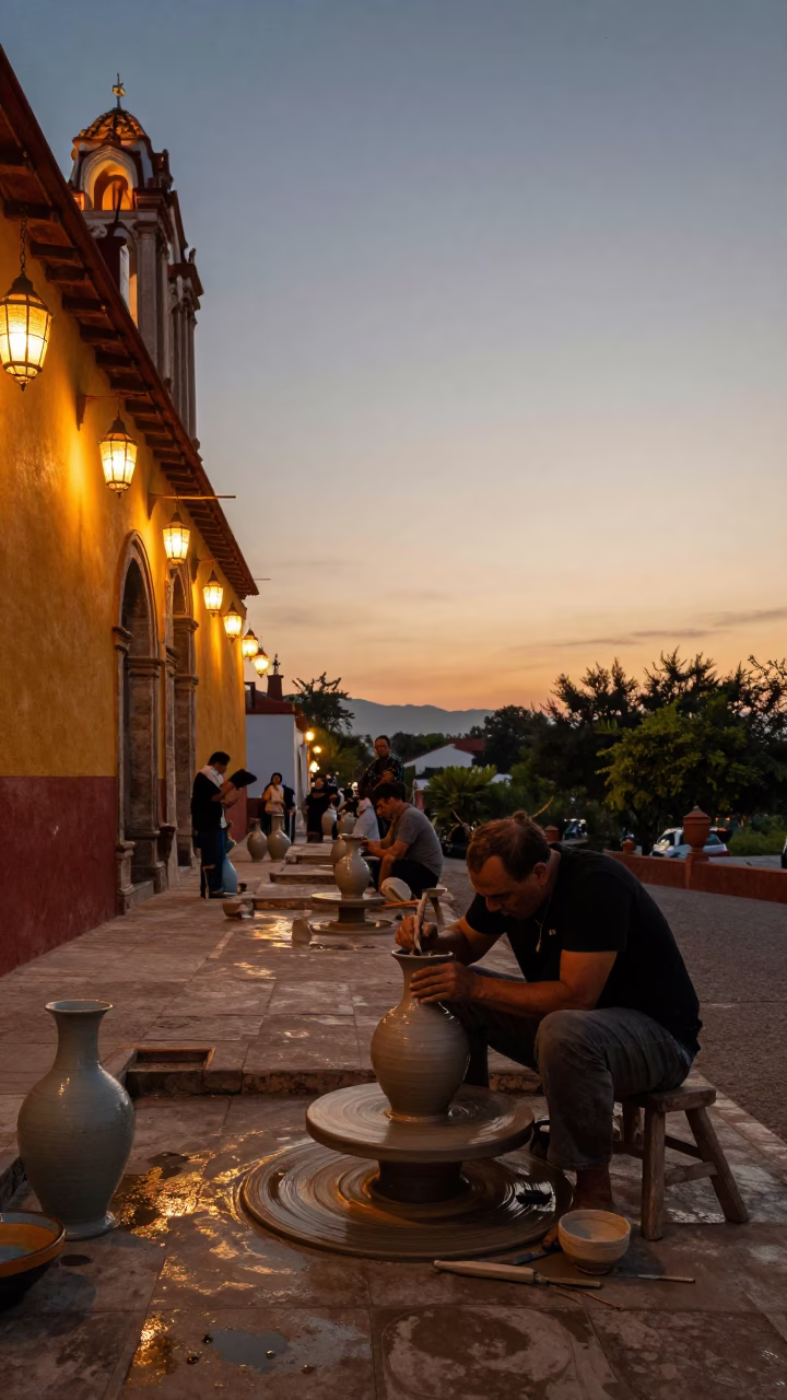 Korean Potter Trimming Celadon Vase Near Shrine in in a shrine lined with lanterns near Irapuato