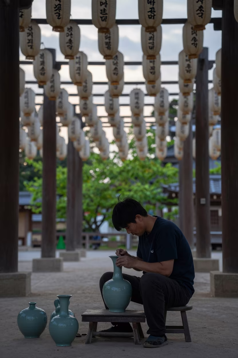 Korean Potter Trimming Vase in Persian Shrine in in a shrine lined with lanterns near Shiraz