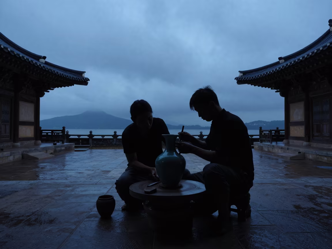 Silhouette of Korean Potter Trimming Vase in in a temple courtyard in Baía Farta