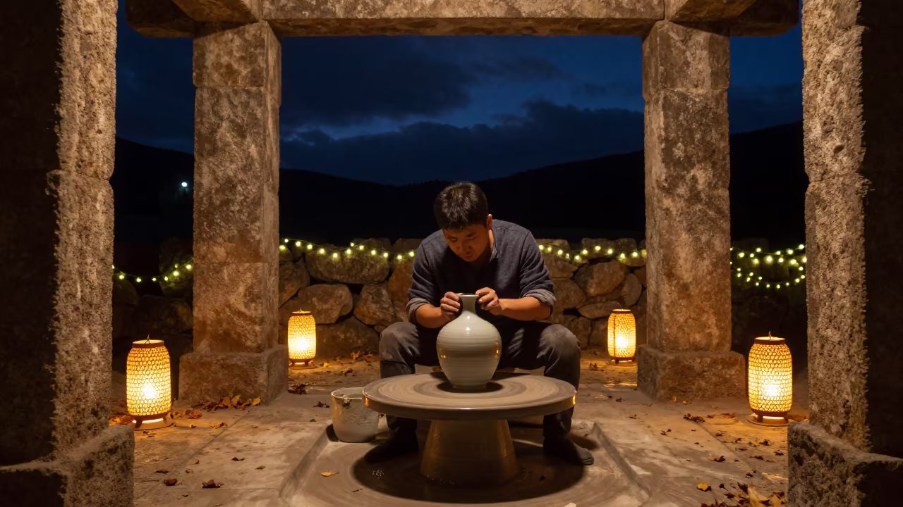 Korean Potter Trims Vase in Amman Shrine in in a shrine lined with lanterns in Amman