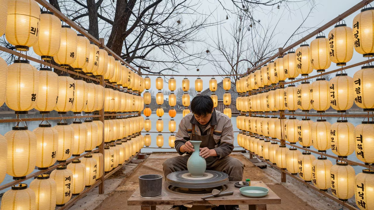 Korean Potter Trims Vase in Elblag Shrine in in a shrine lined with lanterns near Elbląg