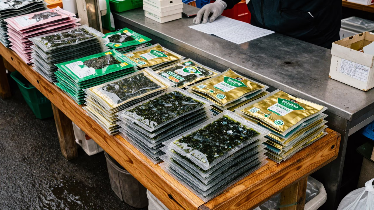 Korean Seaweed Vendor at Edinburgh Market in at a flower auction bench in Edinburgh