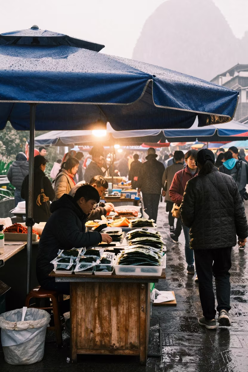 Korean Seaweed Vendor at Guilin Market Dawn in under a market canopy in Guilin