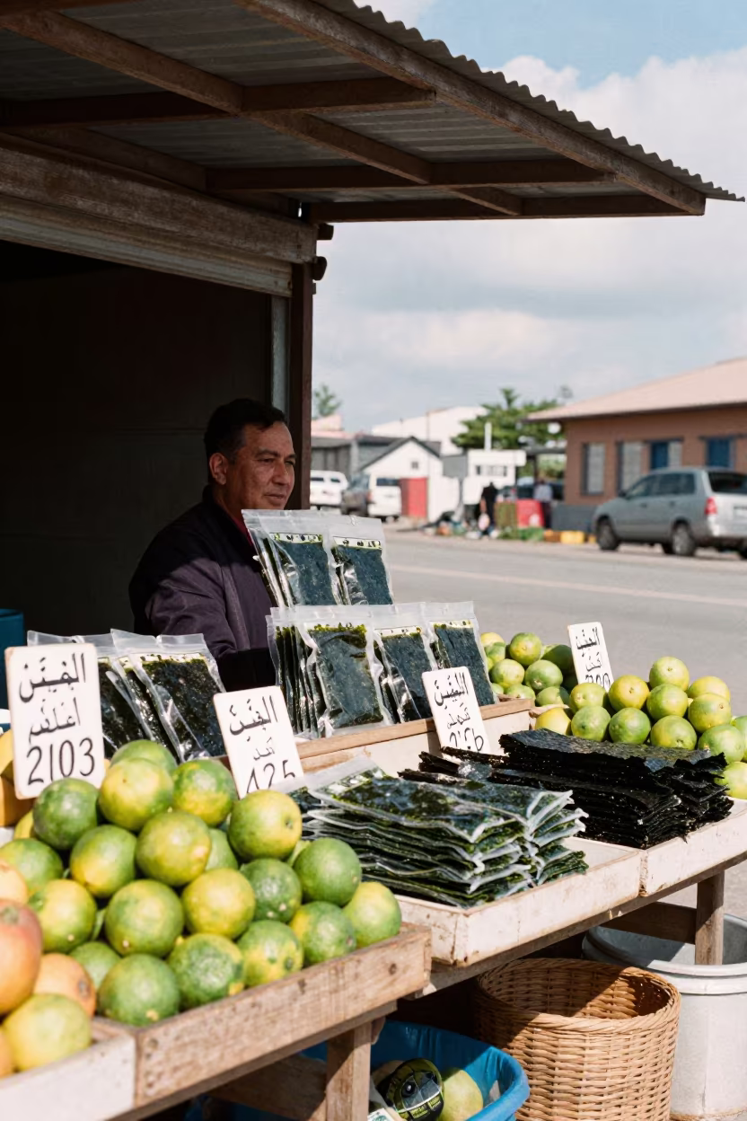 Korean Seaweed Vendor at Medina Fruit Stand in at a roadside fruit stand in Medina