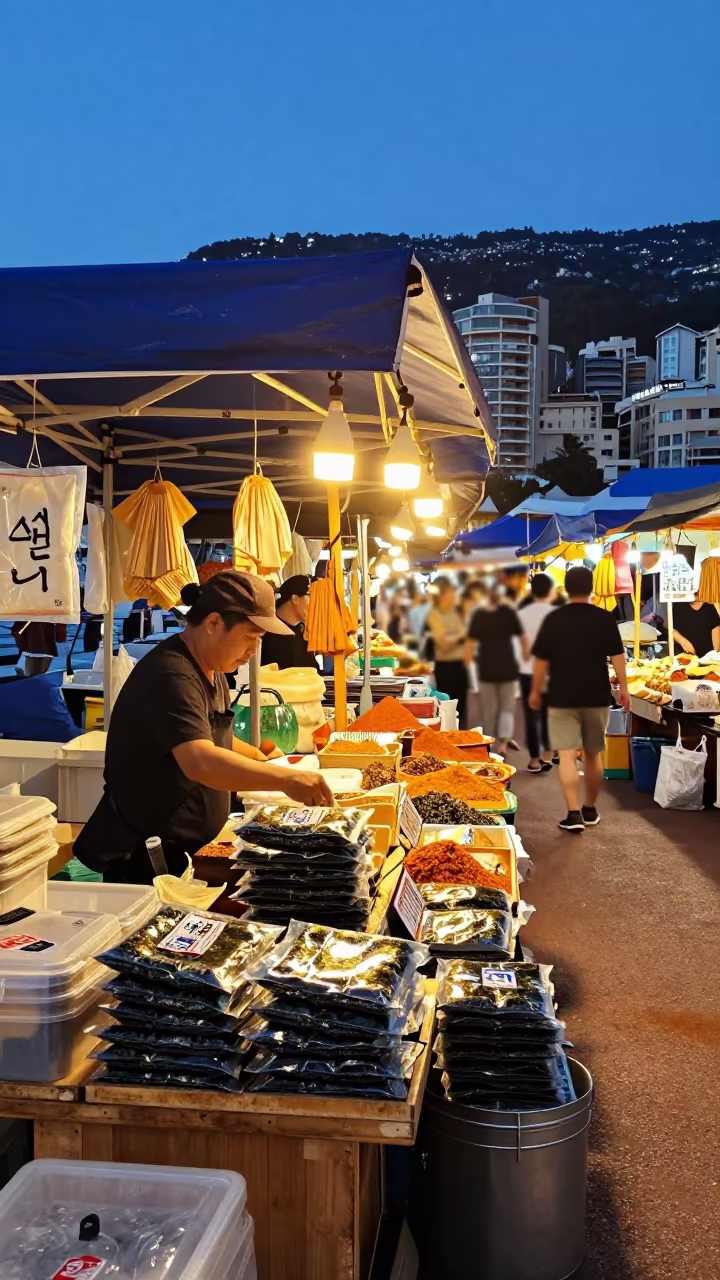 Korean Seaweed Vendor Monaco Market Twilight in at a market stall in Monaco