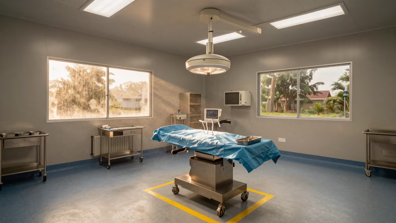 Korhogo Operating Room Evening Light in in a surgical prep area in Korhogo