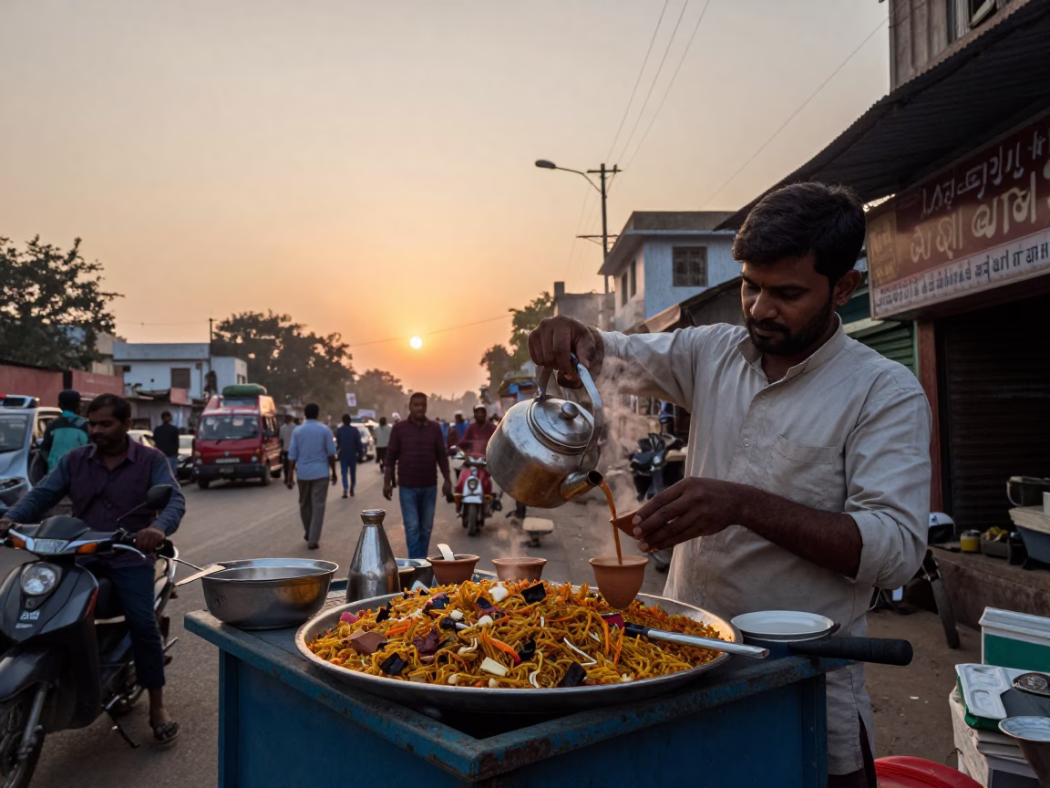 Koshari at As The Sun Drops Toward The Horizon in Delhi in in Delhi, India
