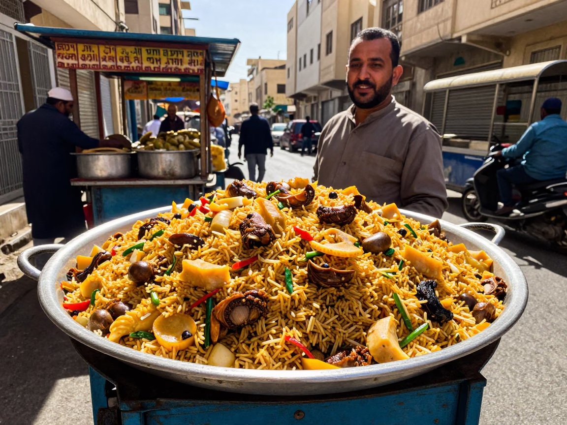 Koshari Plate in Alexandria at Bright Midmorning Light in in Alexandria, Egypt