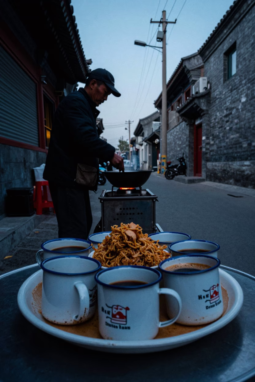 Koshari Plate in Beijing at The Predawn Darkness Light in in Beijing, China