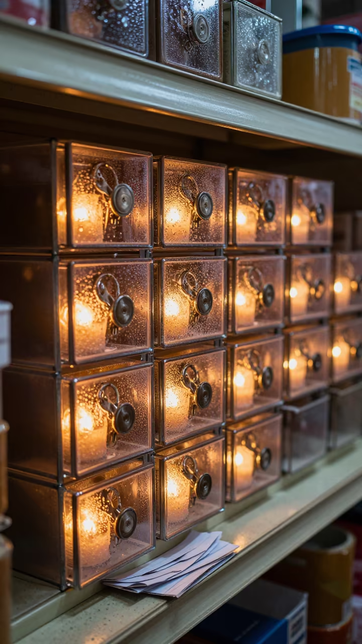 Krabi Stockroom Key Drawer Candlelight in inside a stockroom behind the sales floor in Krabi