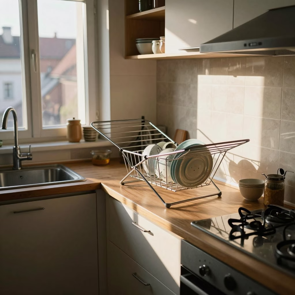 Krakow Apartment Kitchen Late Afternoon Sunlight Drying Rack in in Krakow, Poland