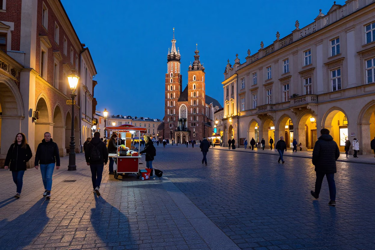 Krakow blue hour street scene with locals and everyday objects in in Krakow, Poland