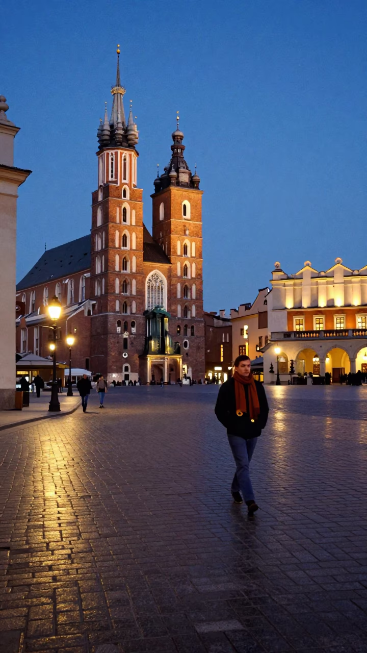 Krakow Blue Hour Street Scene with Scarf and Brass Detail in in Krakow, Poland