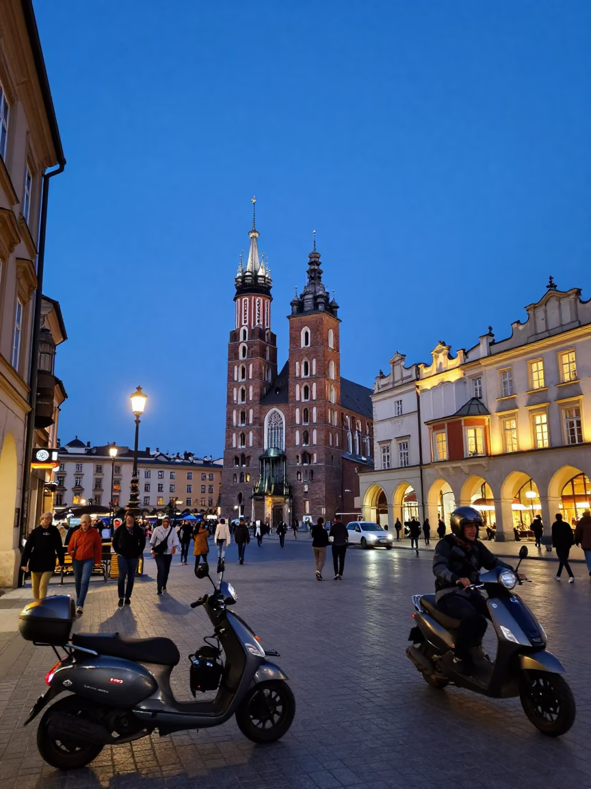 Krakow Blue Hour Street Scene with Scooter and Observatory Silhouette in in Krakow, Poland