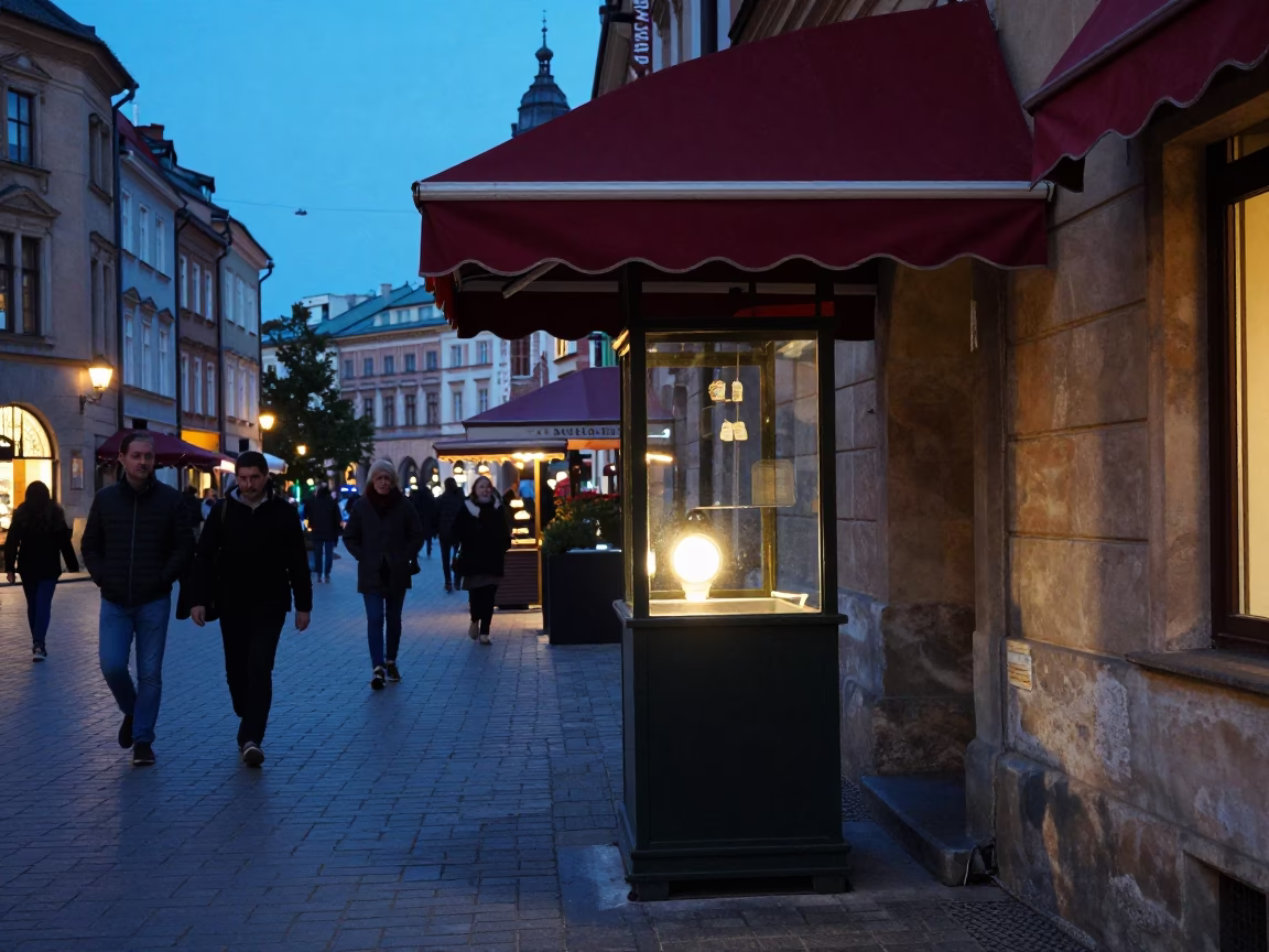 Krakow Blue Hour Street Scene with Vintage Valet Stand and Headlight Streaks in in Krakow, Poland