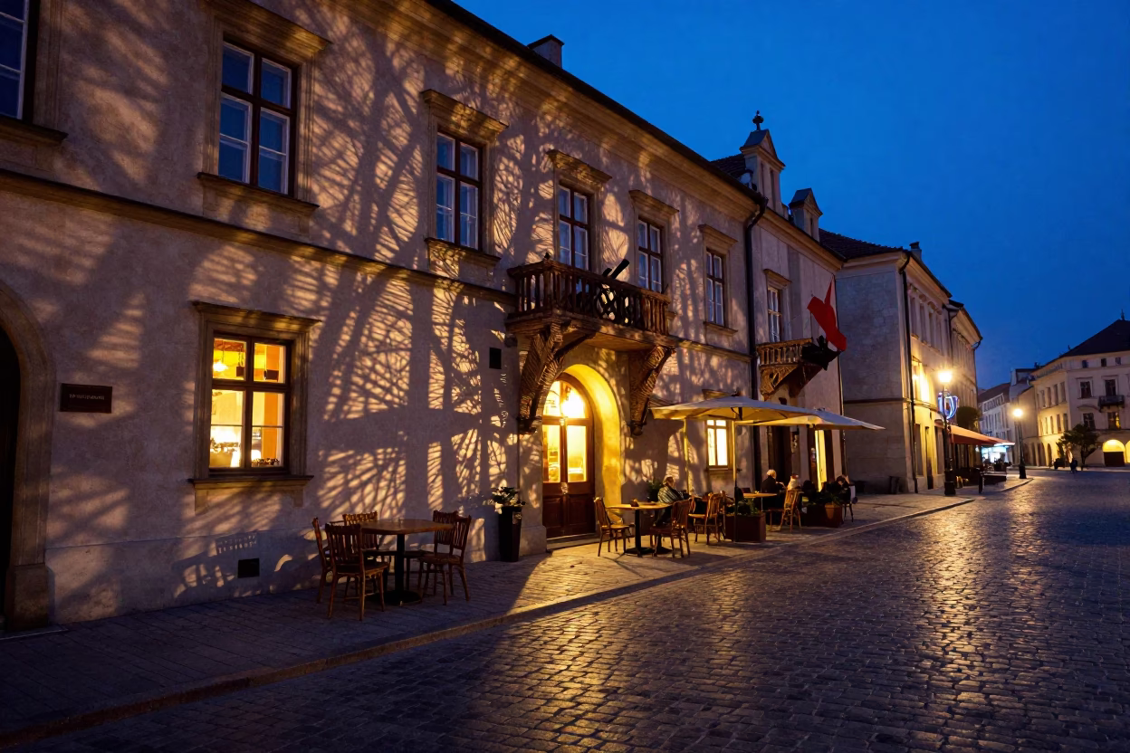 Krakow Blue Hour Street Scene with Wicker Shadows and Local Life in in Krakow, Poland