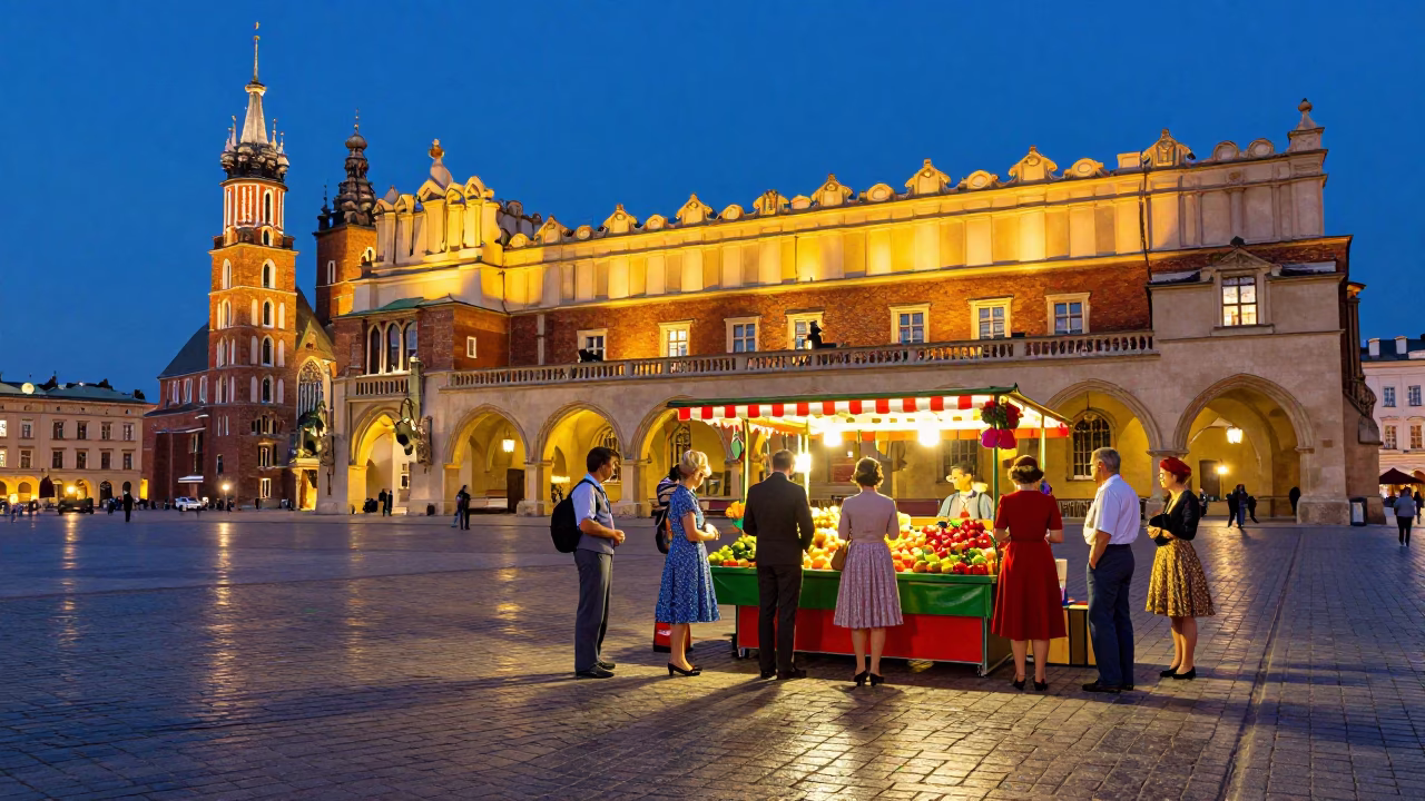 Krakow Colorful 1950s Style Scene Main Square in in Krakow, Poland