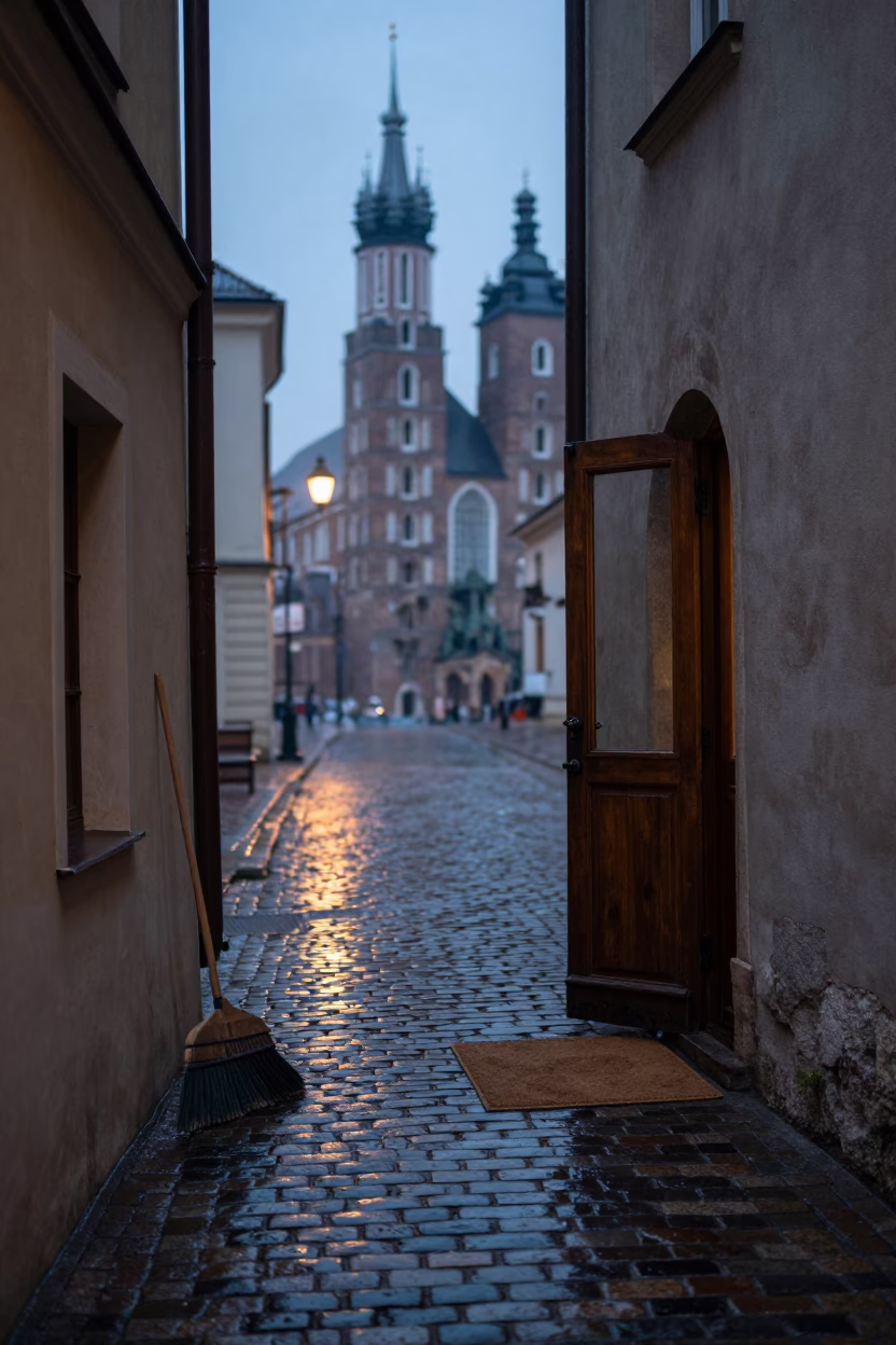 Krakow Dusk Street Scene With Brooms And Doormat In Light Rain in in Krakow, Poland