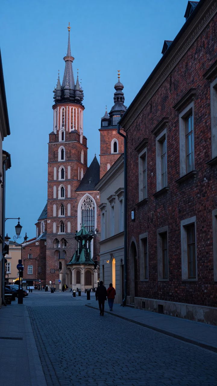 Krakow Evening Street Scene with Brick Architecture and Blue Hour Light in in Krakow, Poland