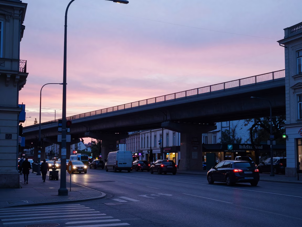 Krakow Evening Street Scene with Highway Flyover and Urban Details in in Krakow, Poland