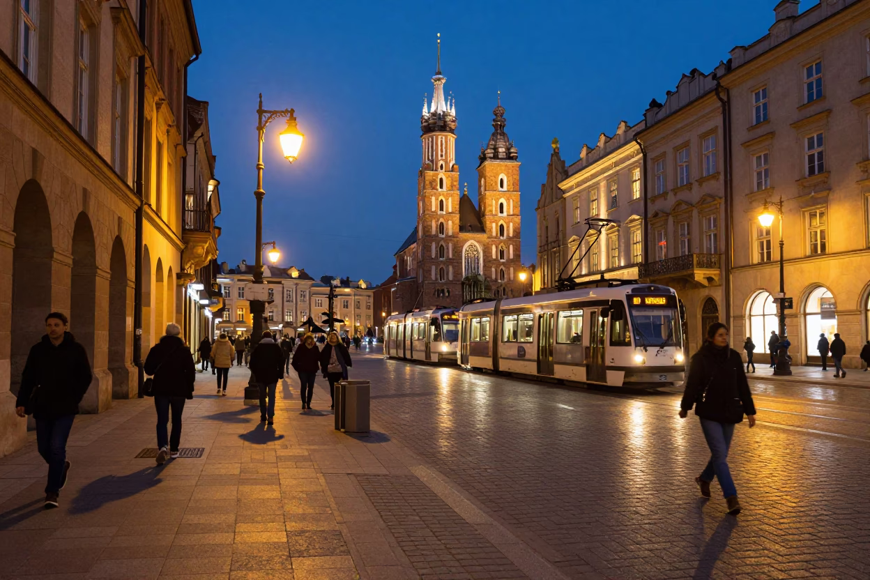 Krakow Evening Street Scene with Tram and Pedestrians Under Glowing City Lights in in Krakow, Poland