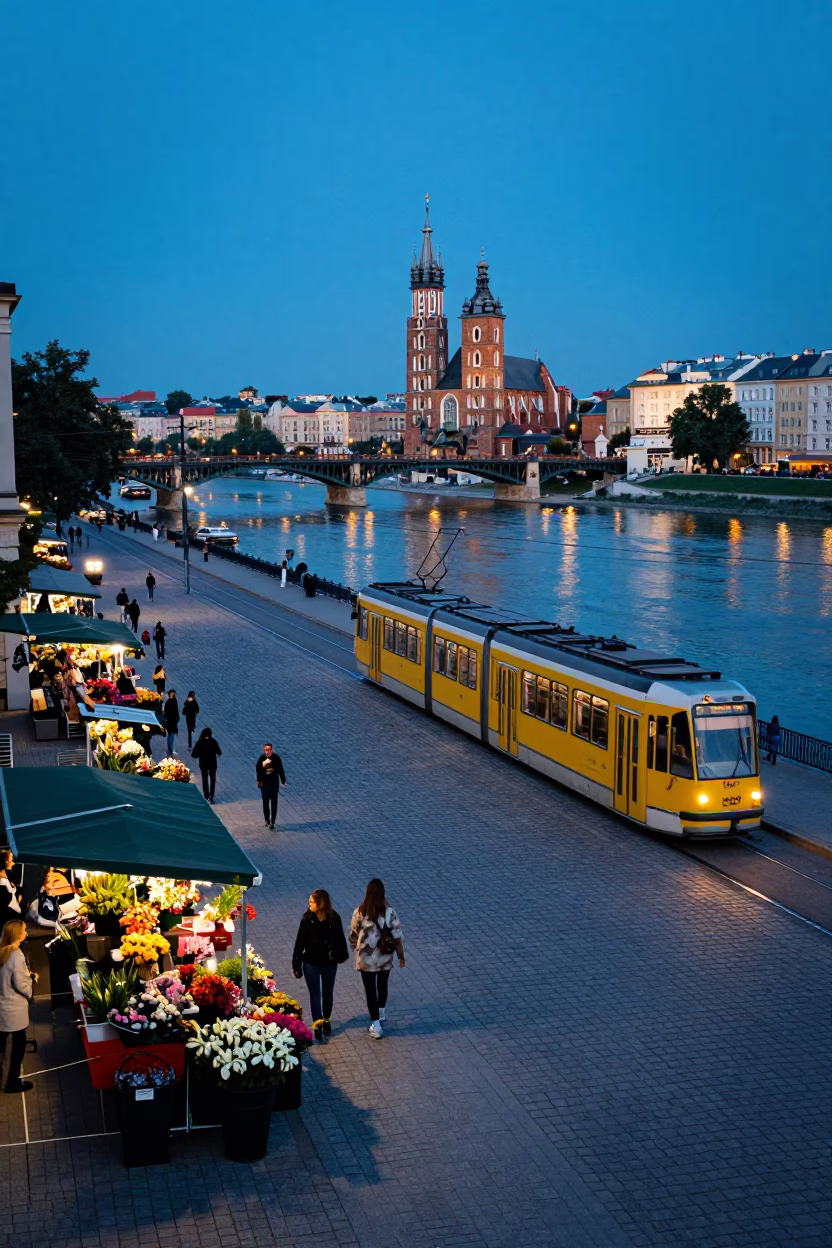 Krakow Evening Street Scene with Tram and River Bridge in Blue Hour Light in in Krakow, Poland