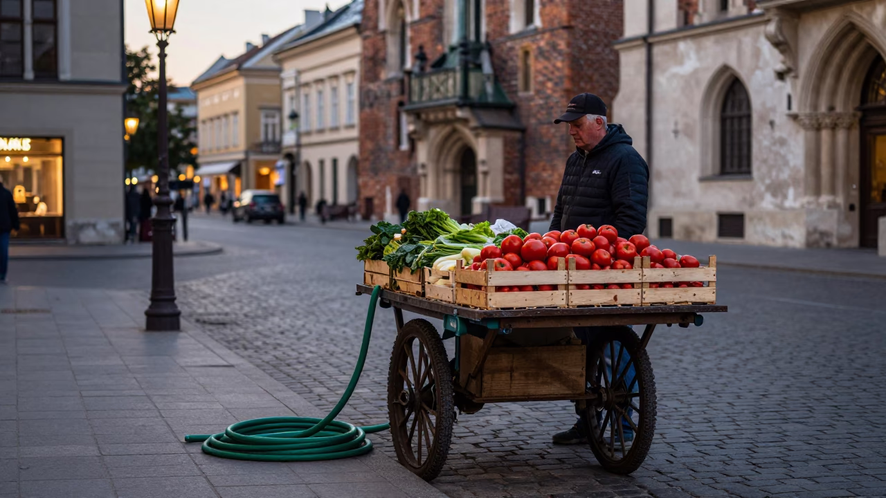 Krakow Evening Street Scene with Vegetables and Urban Details in in Krakow, Poland
