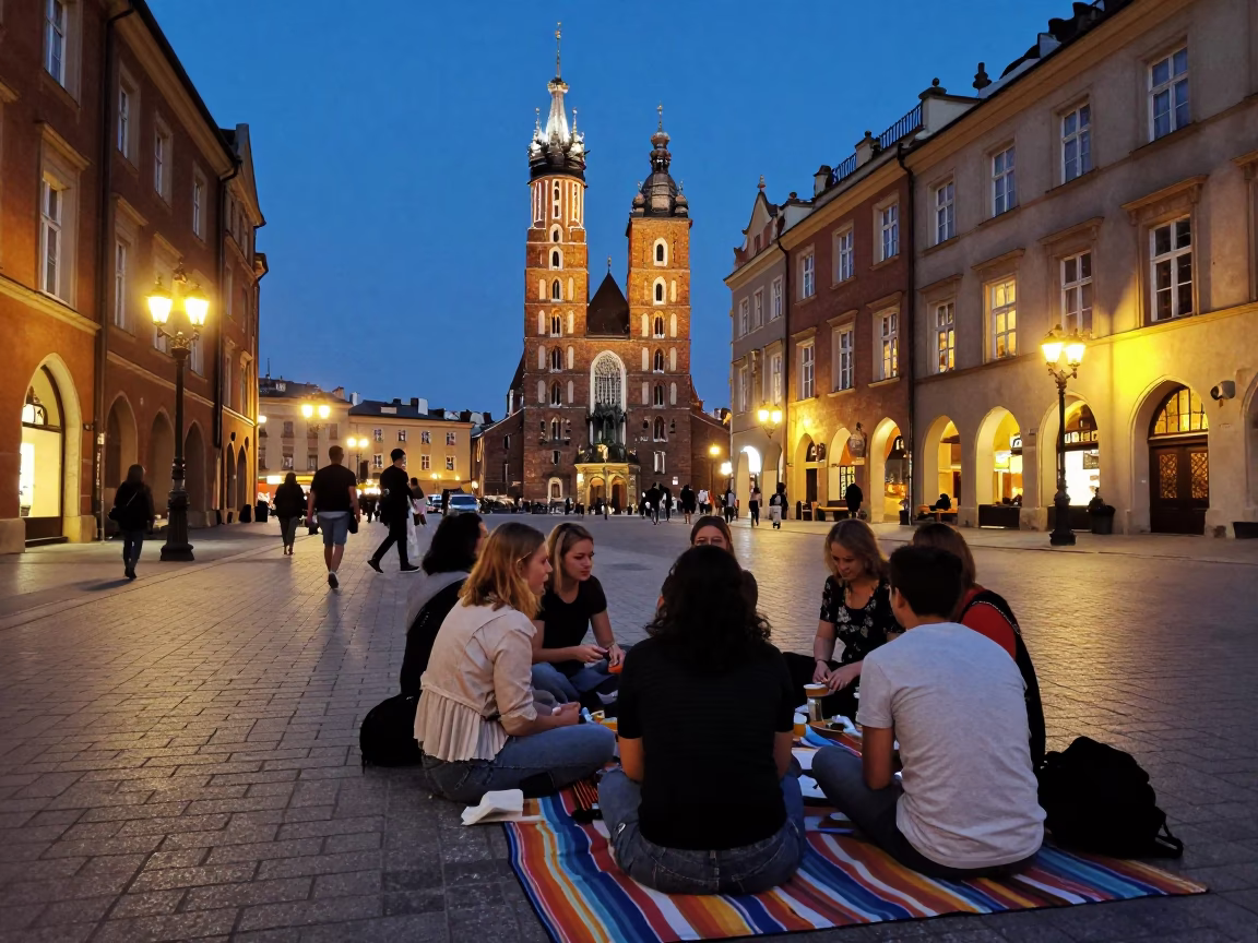 Krakow Evening Street Scene with Vintage Picnic Blanket and City Lights in in Krakow, Poland