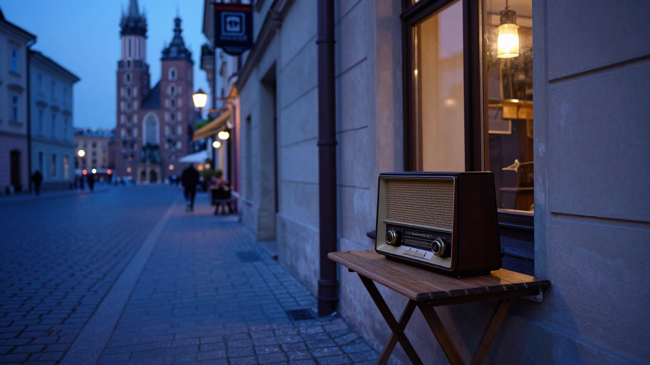 Krakow Evening Street Scene With Vintage Radio And Cobblestone Avenue in in Krakow, Poland
