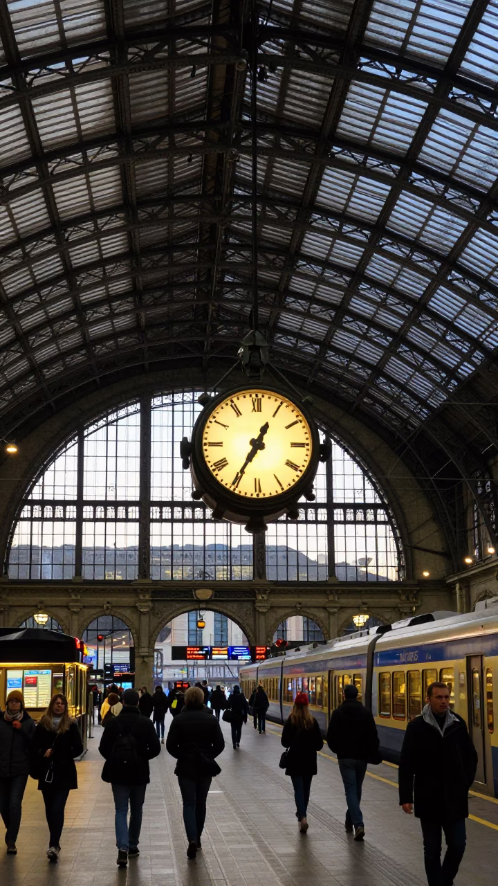 Krakow Główny Train Station Clock Under Vaulted Iron Roof Early Evening in in Krakow, Poland