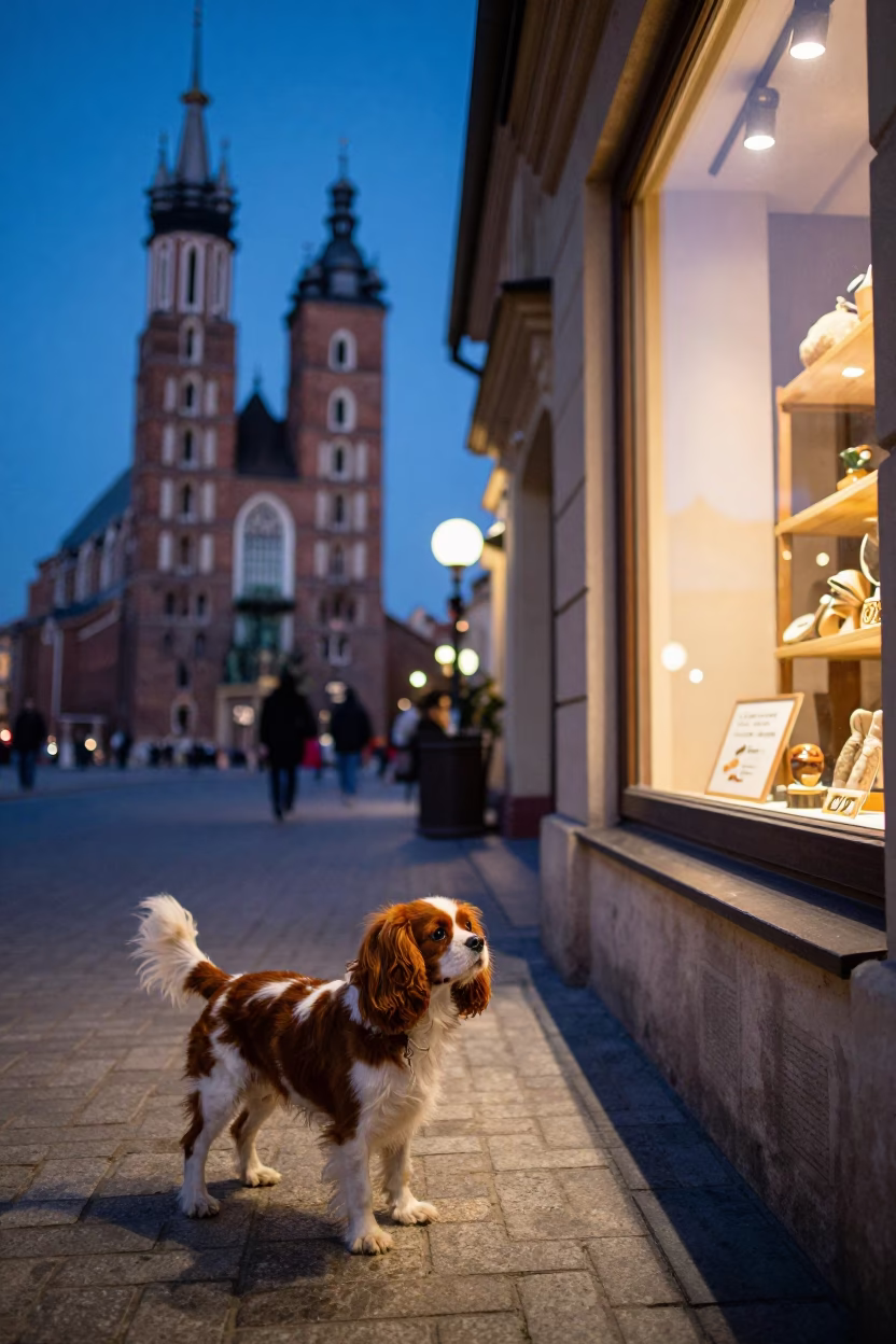Krakow Indigo Twilight Street Scene With Dog And Shop Window Reflection in in Krakow, Poland