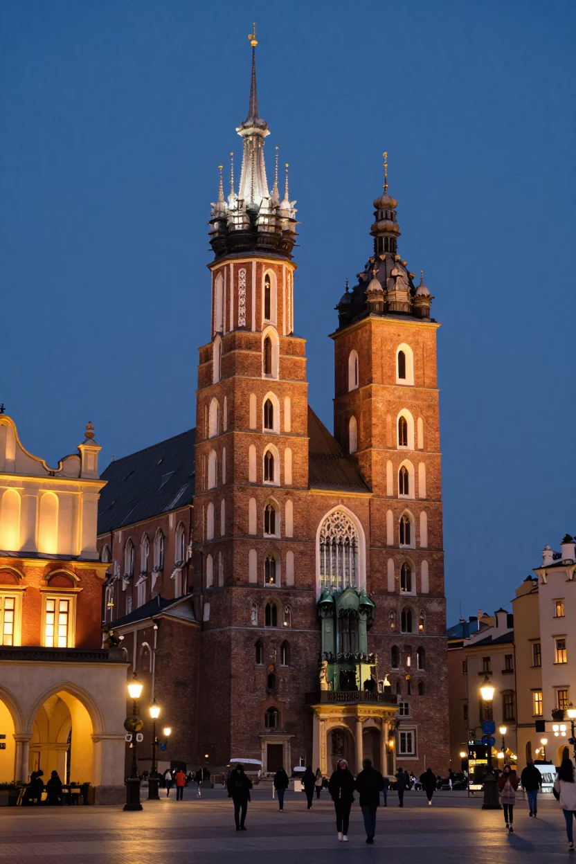Krakow Main Market Square at As City Lights Begin To Glow in in Krakow, Poland