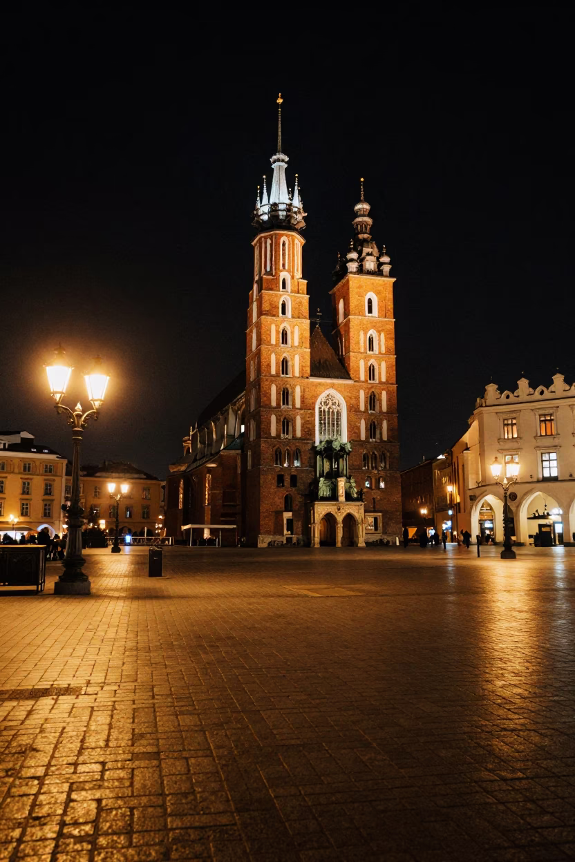 Krakow Main Market Square at Deep In The Night Light in in Krakow, Poland