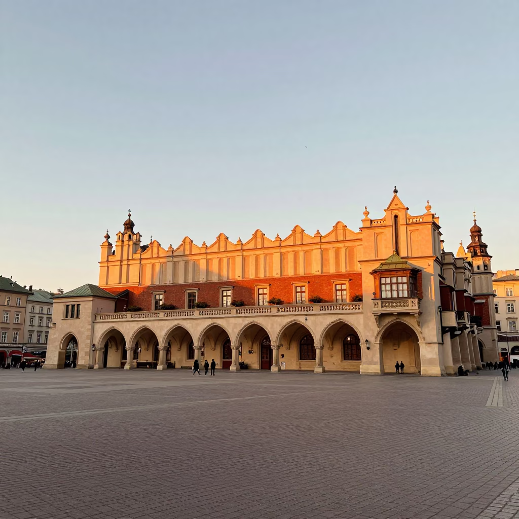 Krakow Main Market Square at Dusk with Vintage Red Bus and Cobblestone Street in in Krakow, Poland