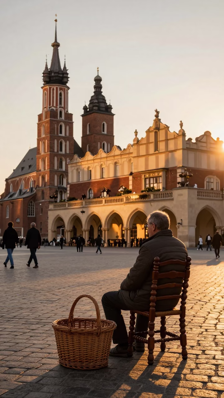 Krakow Main Market Square at Sunset with Wicker Basket and Spindle Chair in in Krakow, Poland